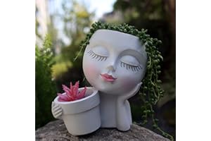 Head Planter Face Flower Pot, Dolkgy Woman Face Planter Unique White Head Planters for Indoor Outdoor Plants, Novelty Plant Pot Cute Lady Head Vase with Drainage Hole for Home Garden Succulents Cactus