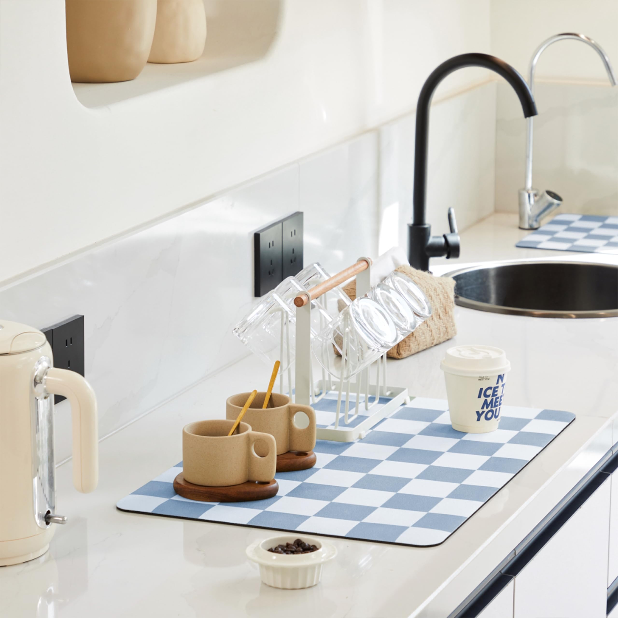 Photo 1 of Checkered Dish Drying Mat for Kitchen Counter, Coffee Bar Station Accessories, Retro Cute Aesthetic Absorbent Coffee Mat Kitchen Drying Mat Easy Clean, Blue 12" x 19"