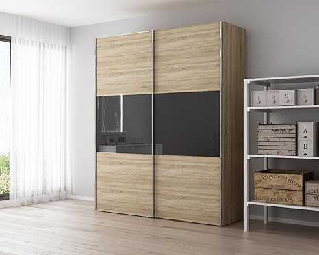 Deline Star Sliding Wardrobe Sonoma Oak And Black Glass Amazon