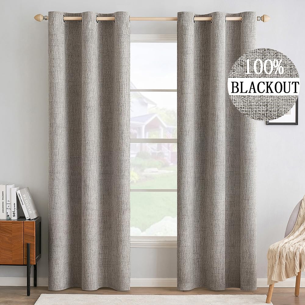 Photo 1 of MIULEE 100% Blackout Linen Textured Curtains for Bedroom Solid Thermal Insulated Warm Taupe Grommet Room Darkening Curtains & Drapes Luxury Decor for Living Room Nursery 42 x 90 Inch (2 Panels)