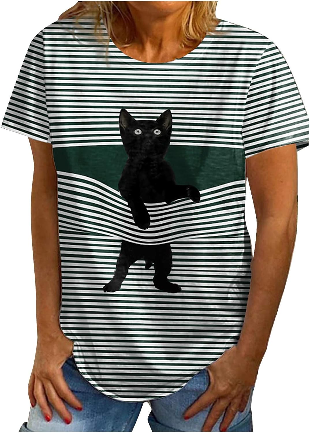 Womens Short Sleeve T Shirts Black Cat Striped Shutters 3D Print Loose