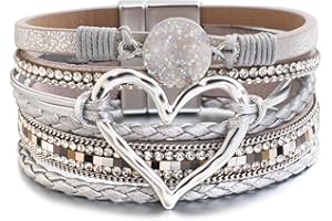 HOTOO Leather Wrap Bracelet for Women Beaded Cuff Bracelet with Heart-shape Decor Bohemian Crystal Bracelet Jewelry with Clasp Bangle Bracelet for Women Girls Birthday Holiday Gift