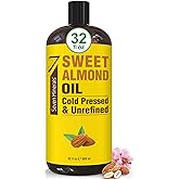Seven Minerals, Pure Cold Pressed Sweet Almond Oil - Big 32 fl oz Bottle - Unrefined &100% Natural - For Skin & Hair, with No Added Ingredients - Perfect Carrier Oil for Essential Oils