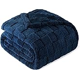 Exclusivo Mezcla Queen Size Flannel Fleece Blanket, Super Soft and Warm Lightweight Checkered Pattern Blankets for All Seasons, 90x90 Inches, Navy Blue