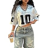 SweatyRocks Women's Number Graphic Jersey Shirts Y2k Crop Jerseys V Neck Oversized Baggy Tops Streetwear