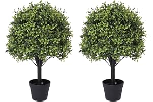 Azoco 27“ Realistic Artificial Boxwood Topiary Trees Set of 2, Faux Boxwood Plants Outdoor UV-Resistant, No Maintenance Curb Appeal Fake Evergreen Bushes & Shrubs for Front Porch Outside Planter Decor