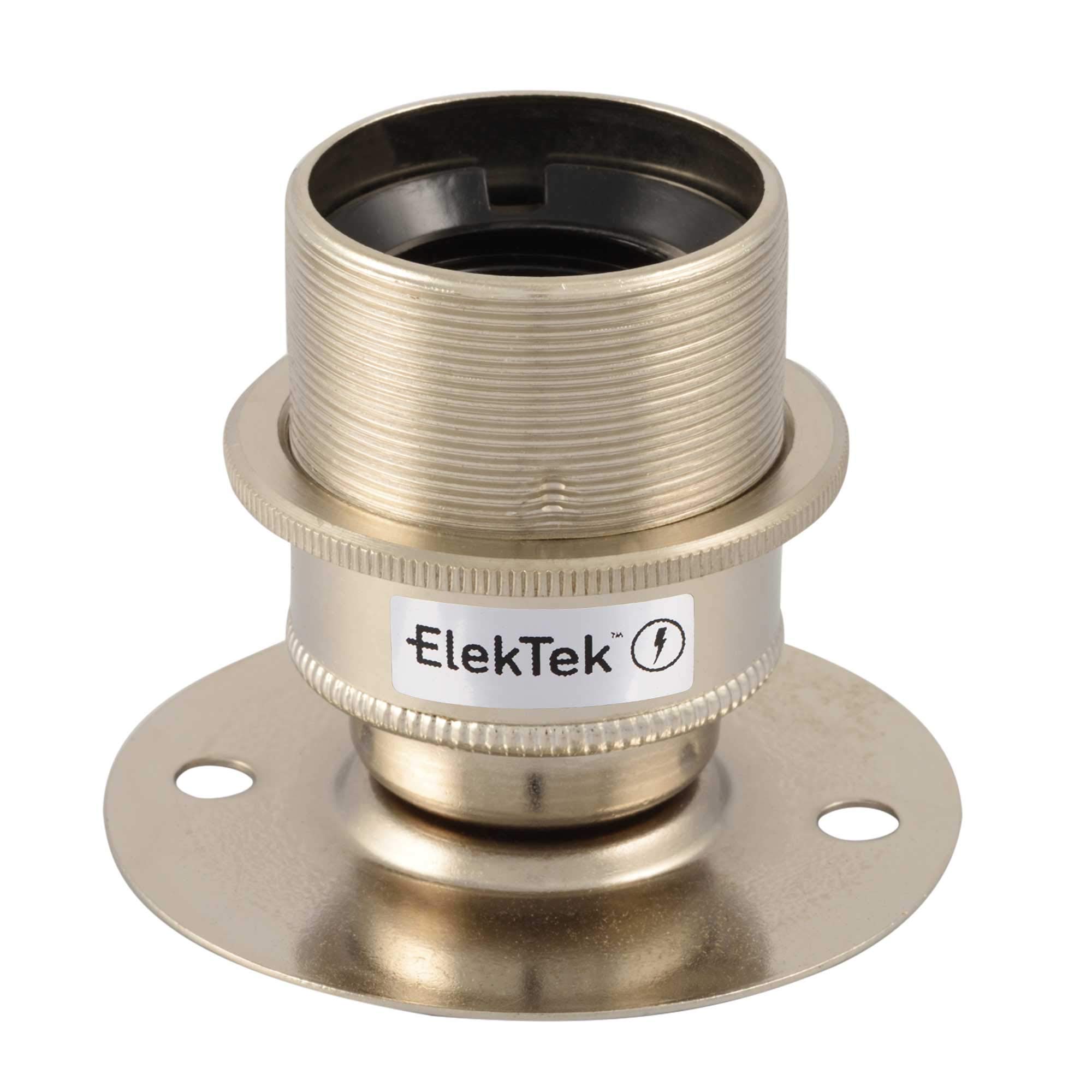 ElekTek Nickel E27 Batten Lamp Bulb Holder with Shade Ring ES Edison Screw - Flat Base fits BESA Conduit Box 50mm/2” Centre Fixings - Made in UK — image 1