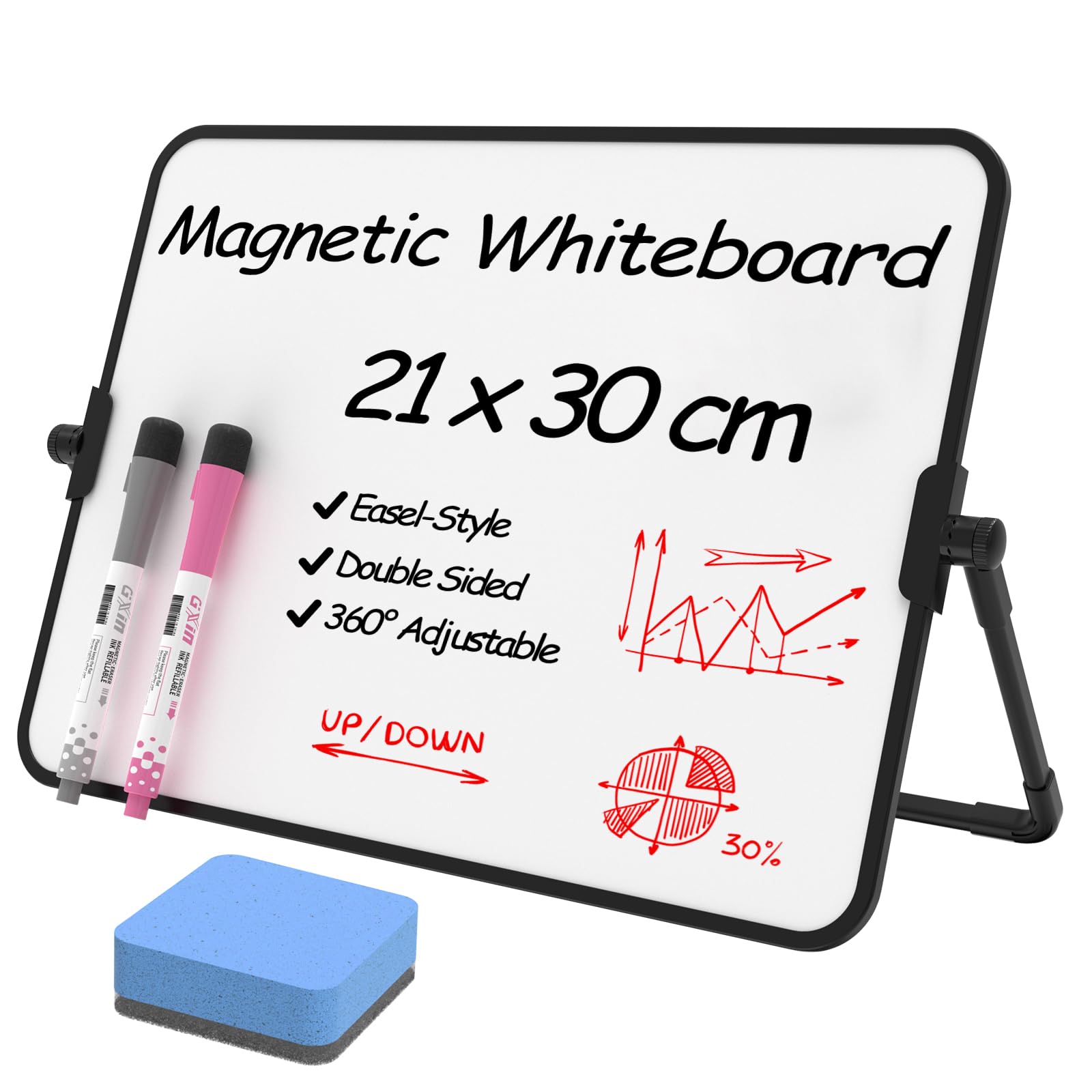 NEWYES Mini Whiteboard, Magnetic Dry-Erase | 21 x 30 cm A4 Double Sided Tabletop Small White Board with Stand, 2 Colors Markers Pens + 1 Eraser | Home Kitchen Office School Essentials