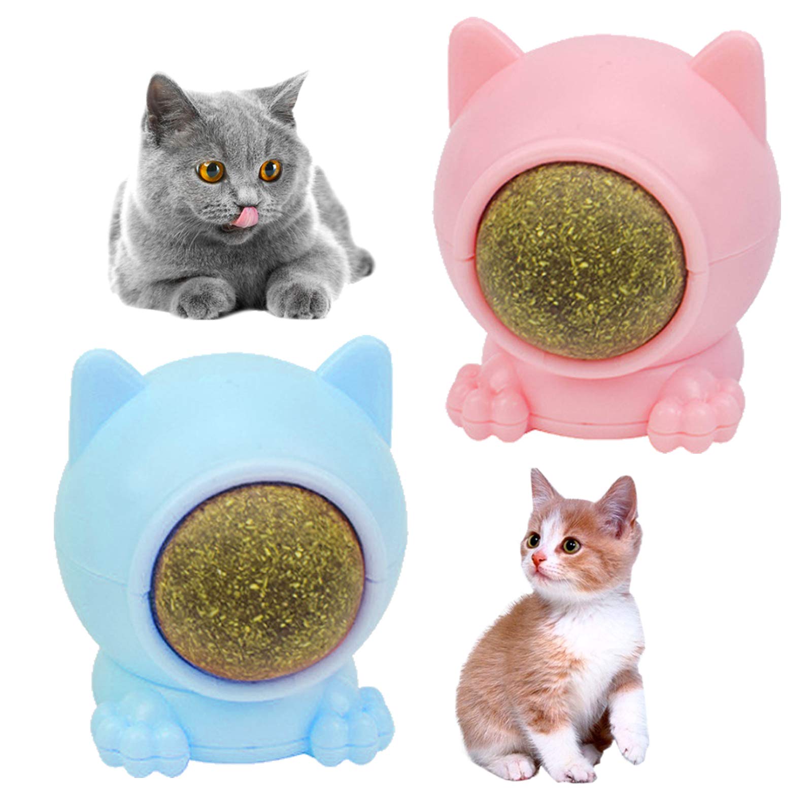 RBNANA Cat Catnip Balls Toy (2 PACK), Rotatable Catnip Edible Natural Licking Treats Toys for Cats Kitten Kitty (Pink+Blue)