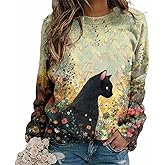 DMOYALA Cat Sweatshirt Women Cute Graphic Crew Neck Sweatshirts Casual Long Sleeve Lightweight Pullover Loose Shirts