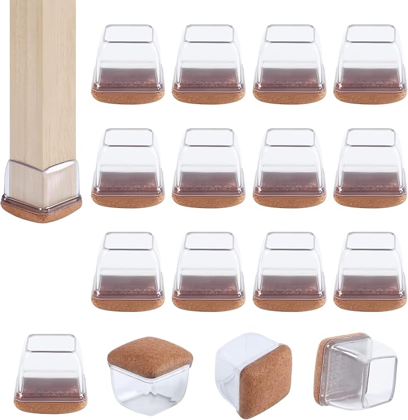 Ezprotekt Clear Silicone Chair Leg Protectors Square 1" 16 Pcs with Felt