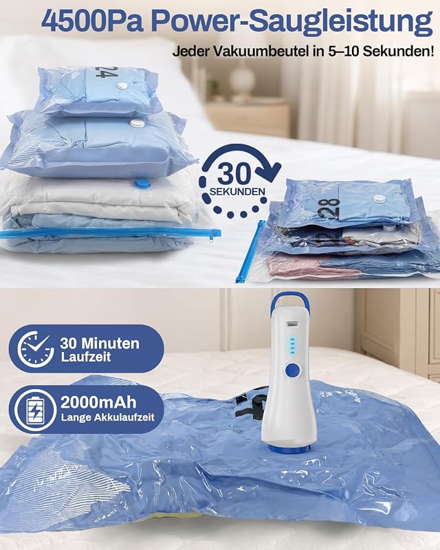Vakuumbeutel für Kleidung mit Elektrischer Pumpe, 12er-Set Vakuumbeutel (4 * 100x80cm, 4 * 74x54cm, 4 * 64x47cm), Vacuum Bags for Clothing für Reisen, Umzüge, Aufbewahrung