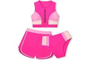 AGAPENG Girls Swimsuit 3 Piece Color Block Zipper Front Bathing Suit Bikini Set with Shorts Sporty Girls' Swimwear 7-16 Years
