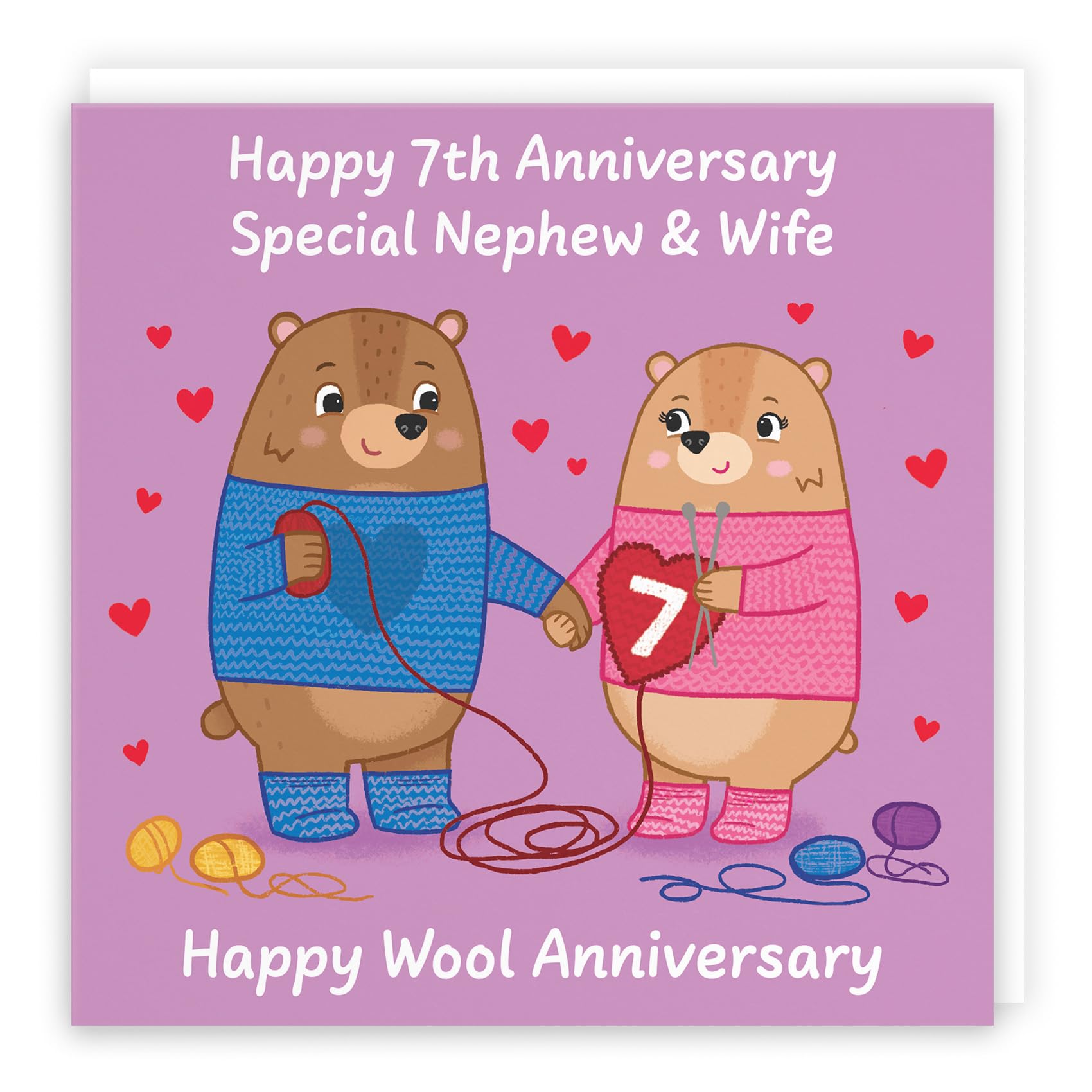 Hunts England - Nephew And Wife 7th Anniversary Card - Wool Anniversary - Seventh Anniversary - 7 Years - Cute Fun Bears Card - Love Story Collection