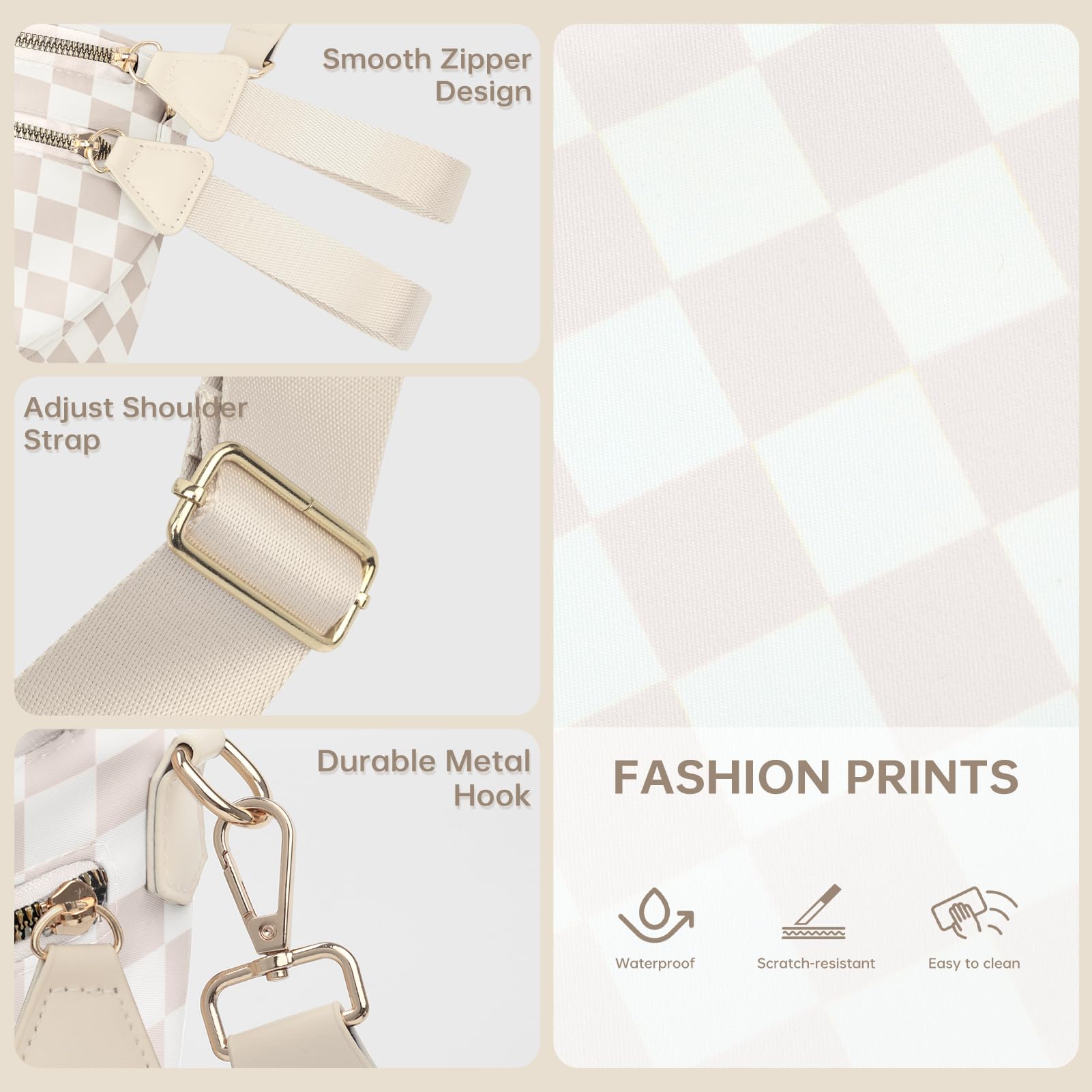 Burskit Cross Body Bag for Women Checkered Crossbody Bags Bum Bag for Women Fanny Packs for Girls Small Nylon Checkered Purse Trendy Shoulder Pouch for Womens (Checkered Beige, One Size)