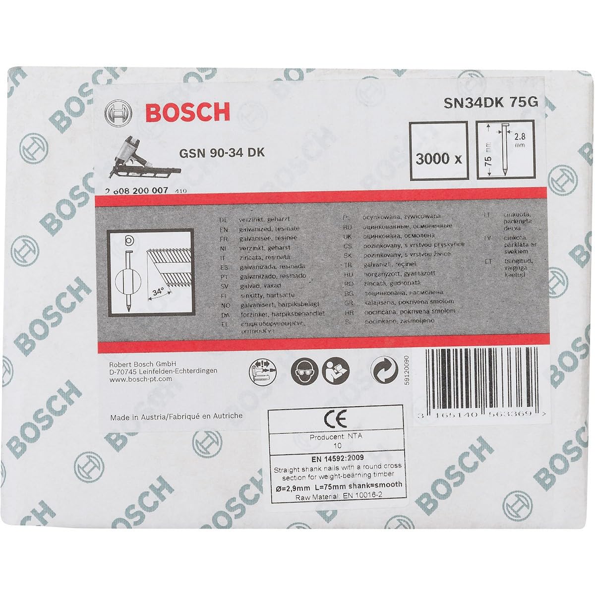 Bosch 2608200007 2.8 x 75 mm Galvanized Clipped Head Strip Nail