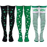baotongle 3 Pairs St. Patrick Day Women Knee Thigh High Socks Polyester Long Thigh High Shamrock Stripe Party Socks for Costume