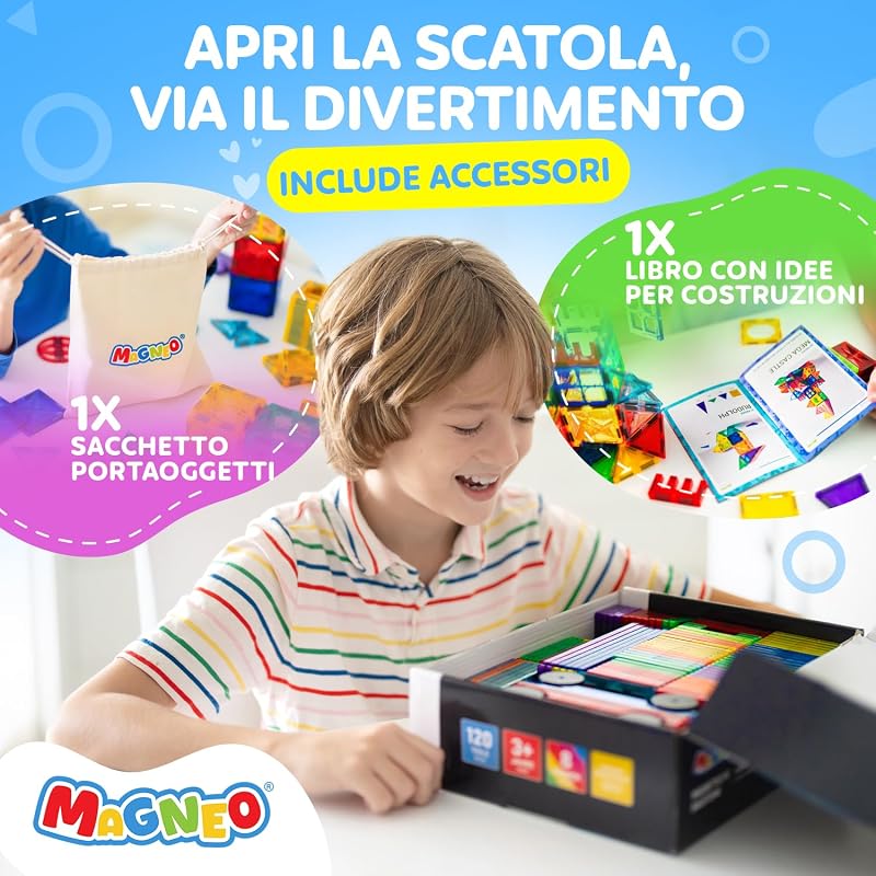 ® Blocchi Magnetici 120 Pezzi (2 Auto) – Costruzioni Magnetiche per Bambini 3+ – Gioco Creativo con Magnetic Tiles – Blocco da Costruzione Educativo – Idea Regalo Bimbi