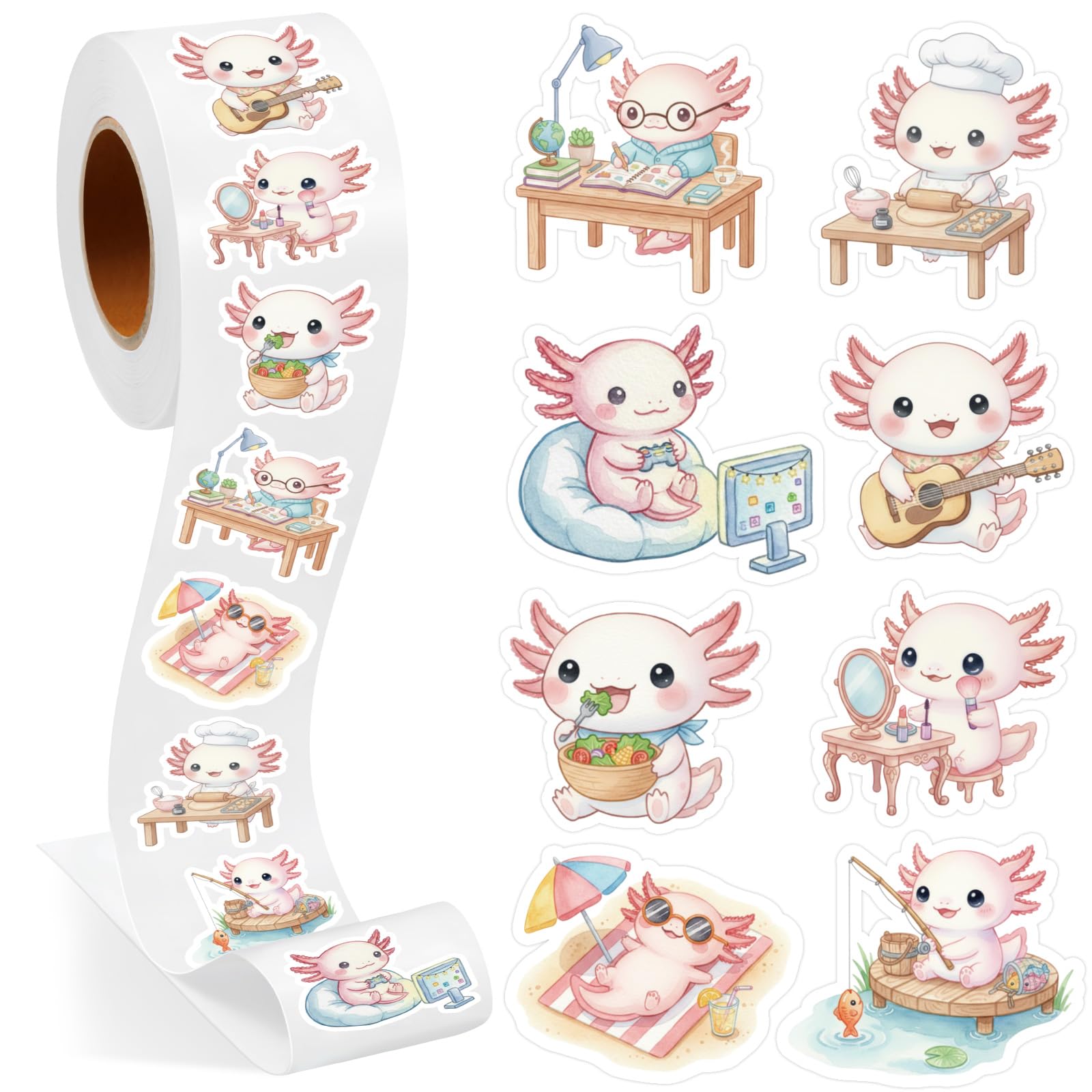 Qeeenar 1 Roll Pink Axolotl Stickers Decal Reward Cute Office Supplies Incentives Animals Sticker Halloween Party Favor, 500 Pcs Each Roll
