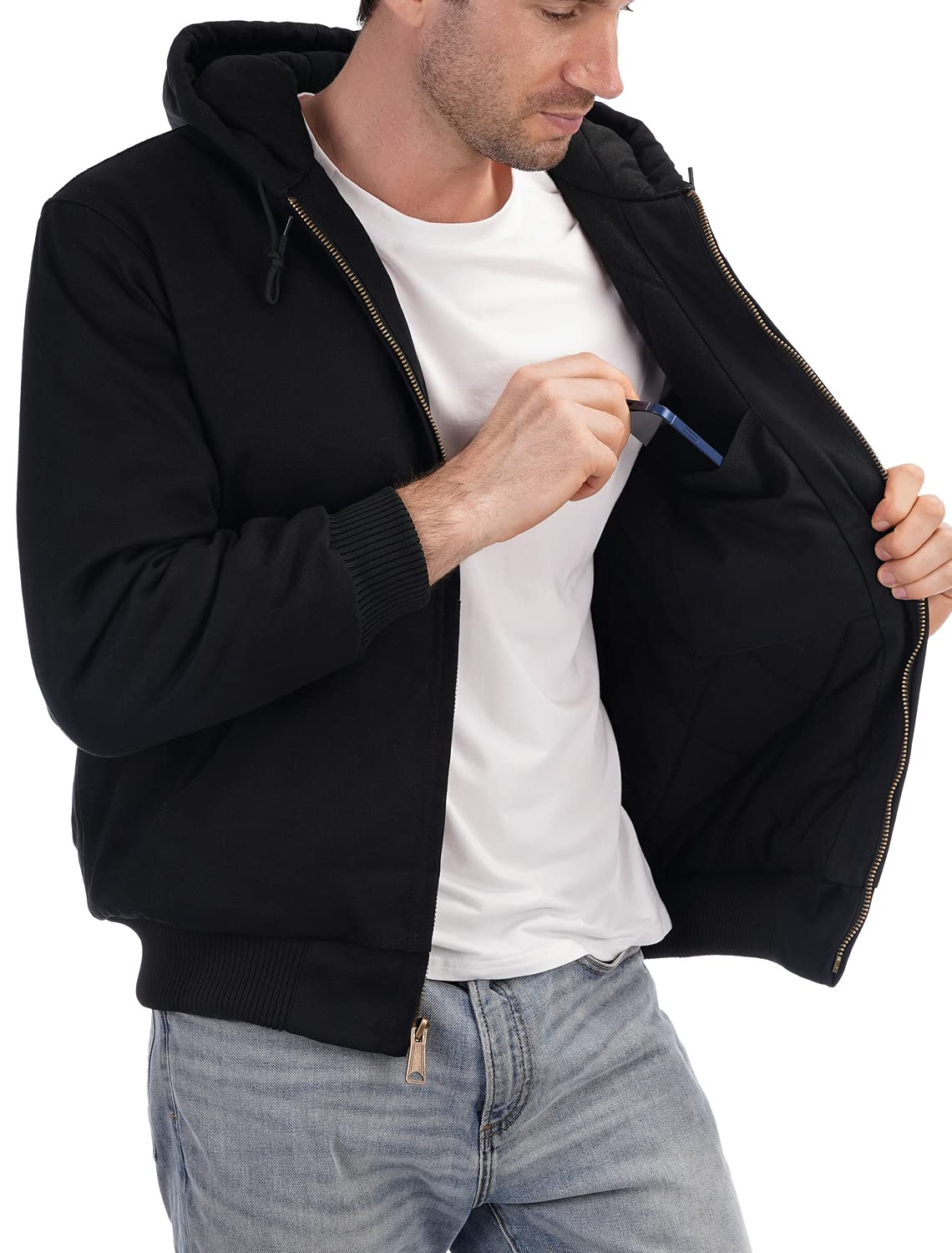 TUAOVA Men's Loose Fit Quilted Flannel Lined Workwear Waterproof Active Jacket Hooded Work Coat