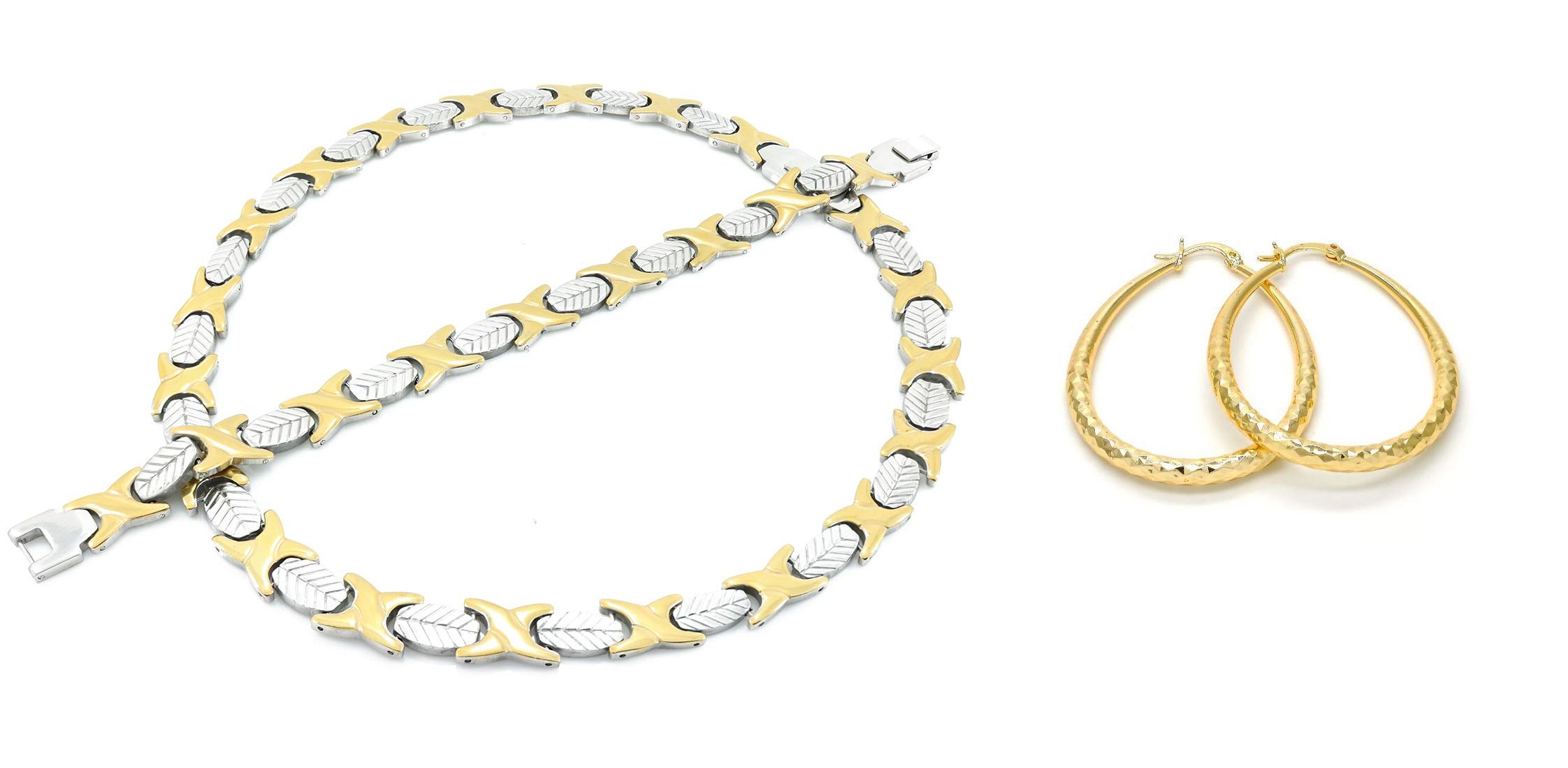 SPARKLE XOXO 2 Tone Wide Hugs & Kisses Necklace Bracelet Earring Set Gold & Silver 18" XO