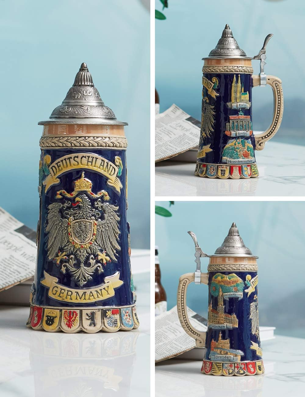 HAUCOZE Beer Stein Mug German Coats of Arms Drinking Viking Tankard with Petwer Lid for Birthday Gifts Men Father Husband 0.6 Liter - Image 4