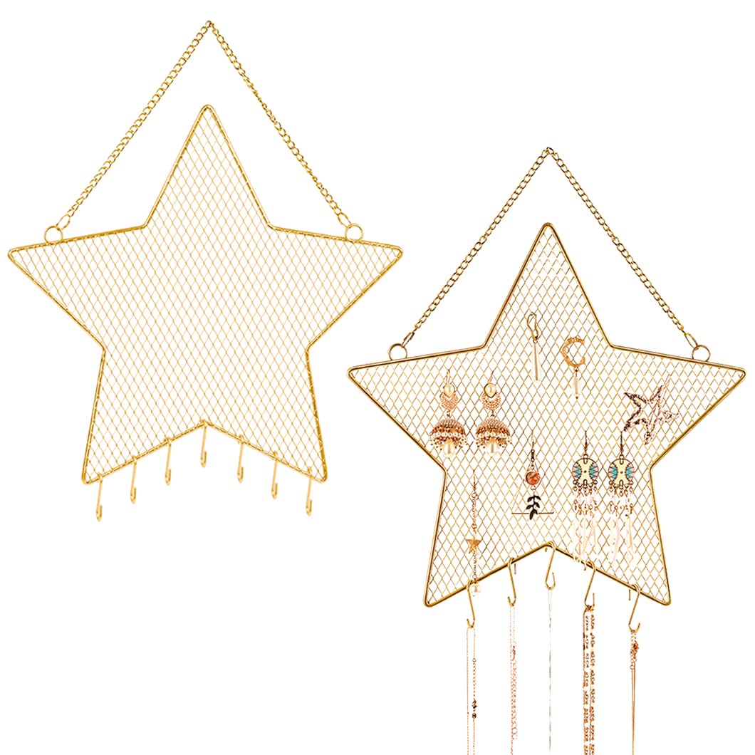 Rolin Roly Hanging Jewelry Organizer Star Wall Mounted Earring Display Hanger Closet Storage Rack with 7Hooks Metal Gold Mesh Necklaces Bracelets Holder for Girl Women25x30cm