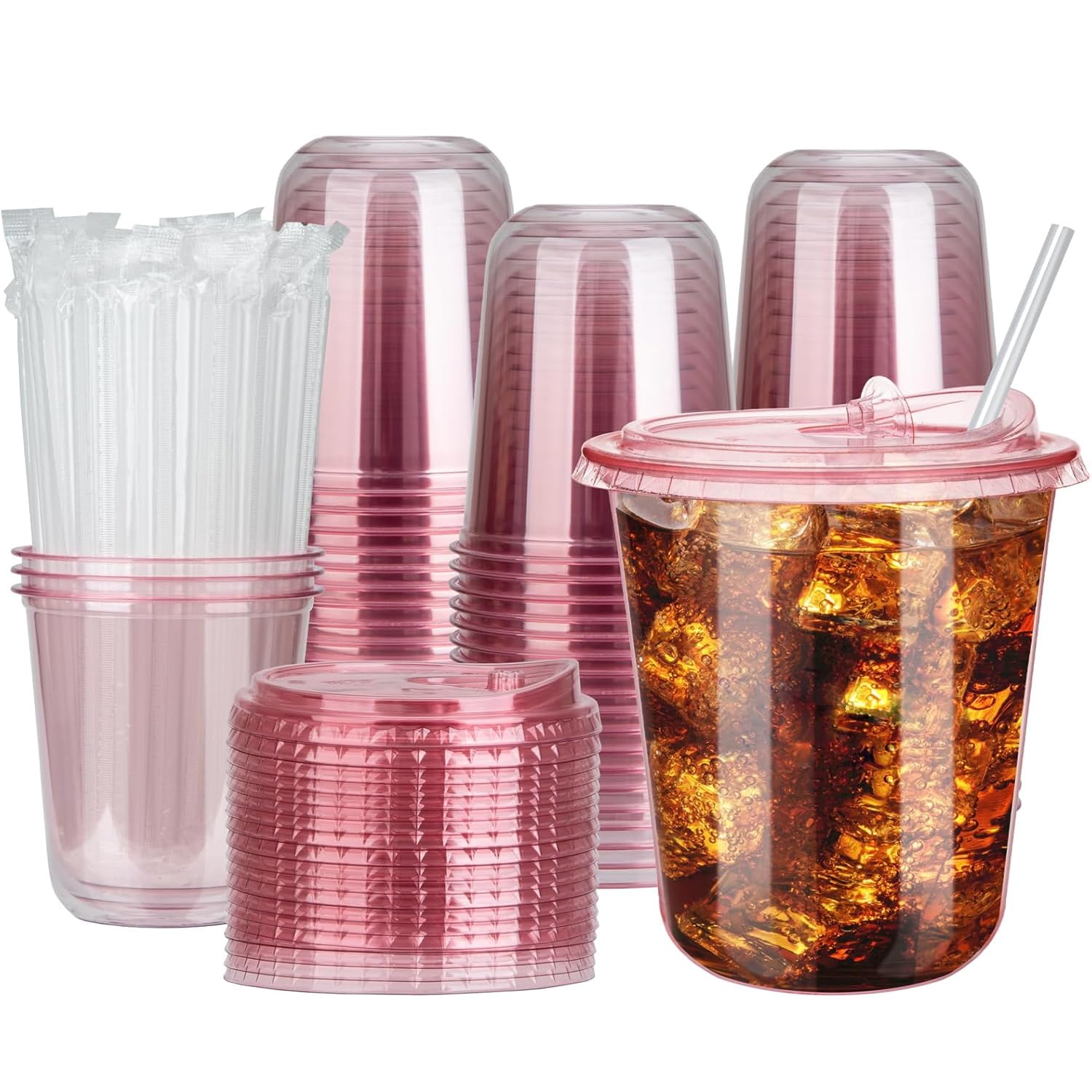 Photo 1 of 100 Sets 12oz Disposable Stemless Plastic Cups with Strawless Sip Lids, Clear PET Coffee Cups for Iced Coffee, Smoothies, Cold Drinks, Halloween, Christmas, Party and Drink Shop Supplies (Pink (12oz))