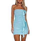 HYPERFIRE Women's Elegant Strapless Tube Ruched Bodycon 3D Floral Tassels Mini Dress Party Cocktail Dresses