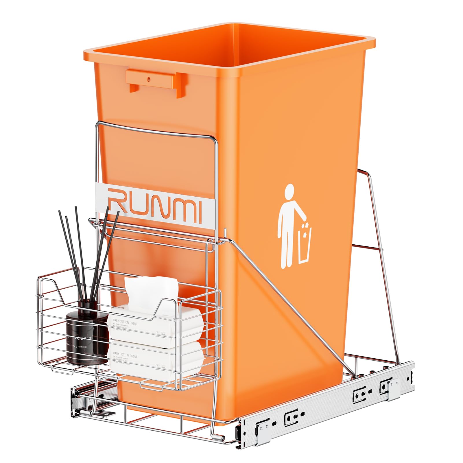 View 1 of RUNMI Pull Out Trash Can Under Cabinet, Garbage Pull Out for Kitchen Cabinet with Front Basket, Cabinet Trash Can Pull Out Kit Holds 7-11 Gallon Trash Can?Trash Can Not Included?