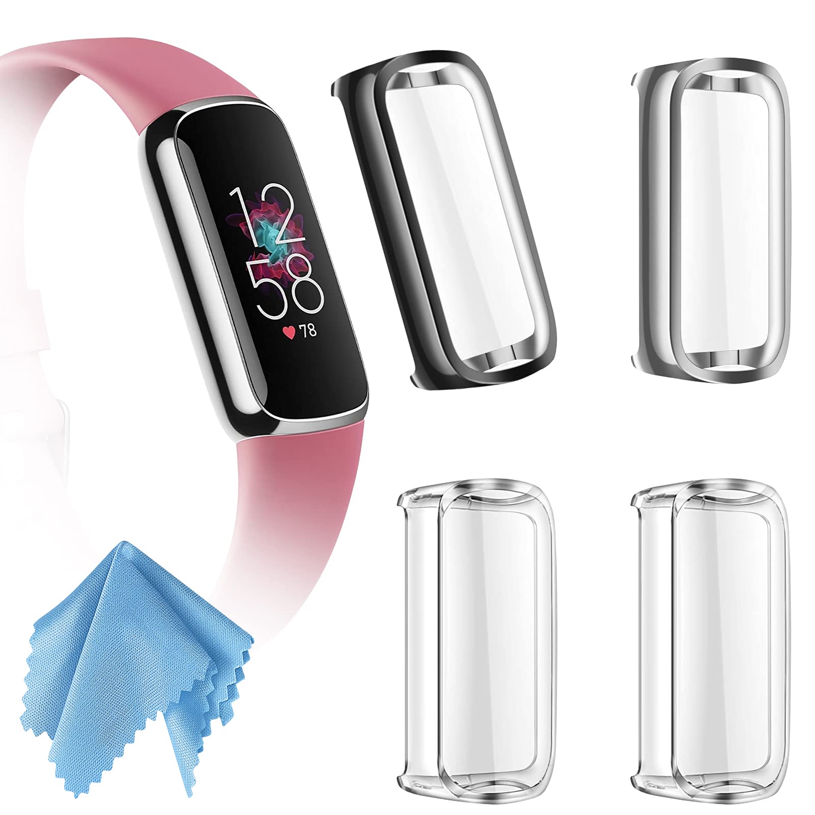 FINTIE 4-Pack Screen Protector Case Compatible with Fitbit Luxe, Soft TPU Plated Full Protective Bumper Cover [Scratch-Proof], Black,Silver,Clear,Clear