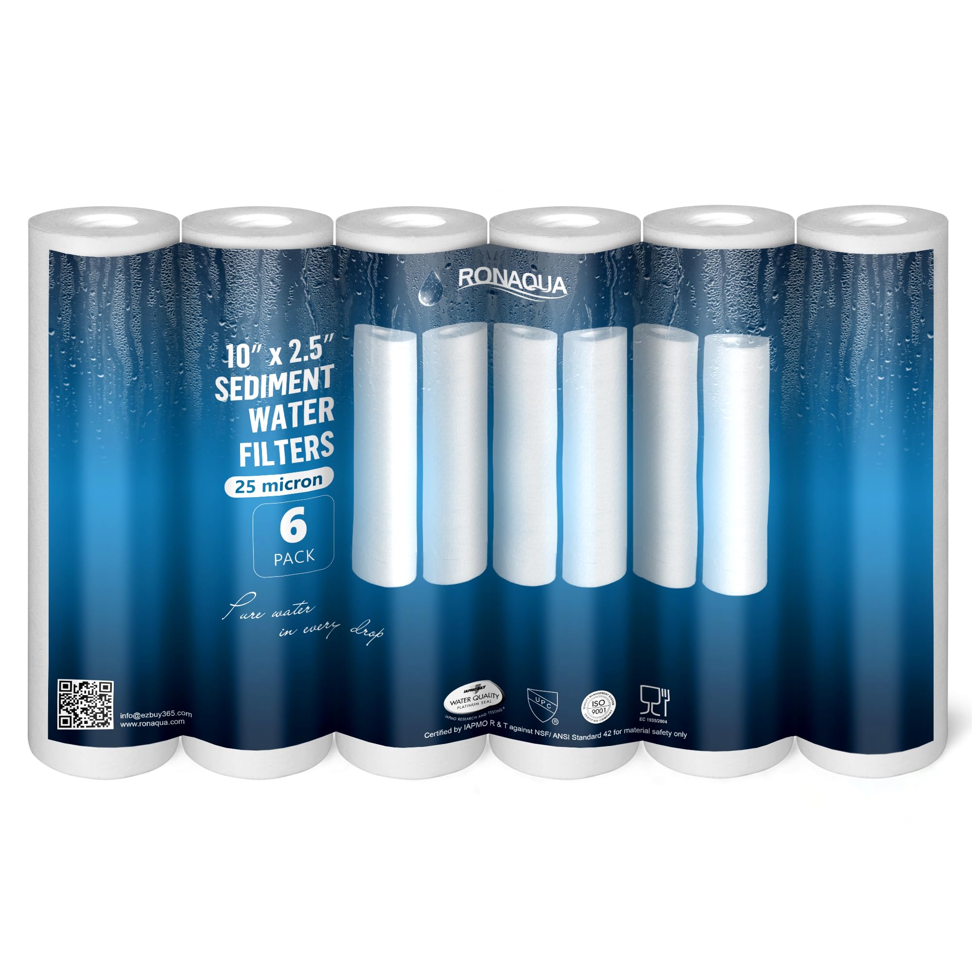 Ronaqua 25 Micron Sediment Water Filter Cartridge 10"x2.5", NSF Certified, 4-Layer Filtration for any 10-inch RO Units & Whole House Systems, Compatible with Culligan P5, AP110, WHKF-GD05, 6 Pack