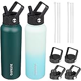 BJPKPK 2 Pack Insulated Water Bottles with Straw Lids, 40ozStainless Steel Metal Water Bottle with 6 Lids, Leak Proof BPA Free Jugs, Cups, Flasks for Travel, Sports (Army Green+Mint)