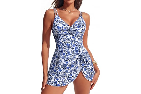 Hanna Nikole Women One Piece Swimsuits, Tummy Control Bathing Suit, Push Up Twist Front Swimdress with Skirt