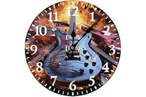 FekiLoot Magic Electric Guitar Music Wall Clock Art Decorative Arabic Numeral Wooden Wall Clock Battery Operated Silent Round