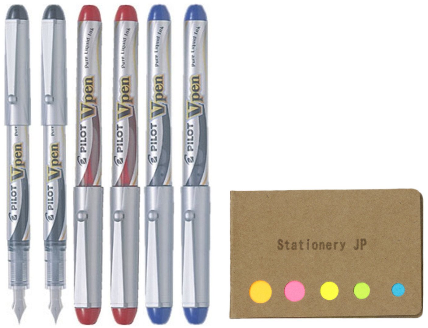 Pilot V Pen (Varsity) Disposable Fountain Pen, Fine Point, Black/blue/Red Ink, 6-Pack, Sticky Notes Value Set