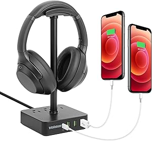 Volisun Headphone Stand with USB Charger,Desk Gaming Headset Holder with 1USB C Fast Charging,3 USB Charging Port,3 AC Outlet for Gaming,Desktop,DJ, Wireless Earphone Display (Black)