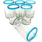 Dos Sueños Hand Blown Mexican Drinking Glasses – Set of 6 Glasses with Aqua Rims (14 oz each)