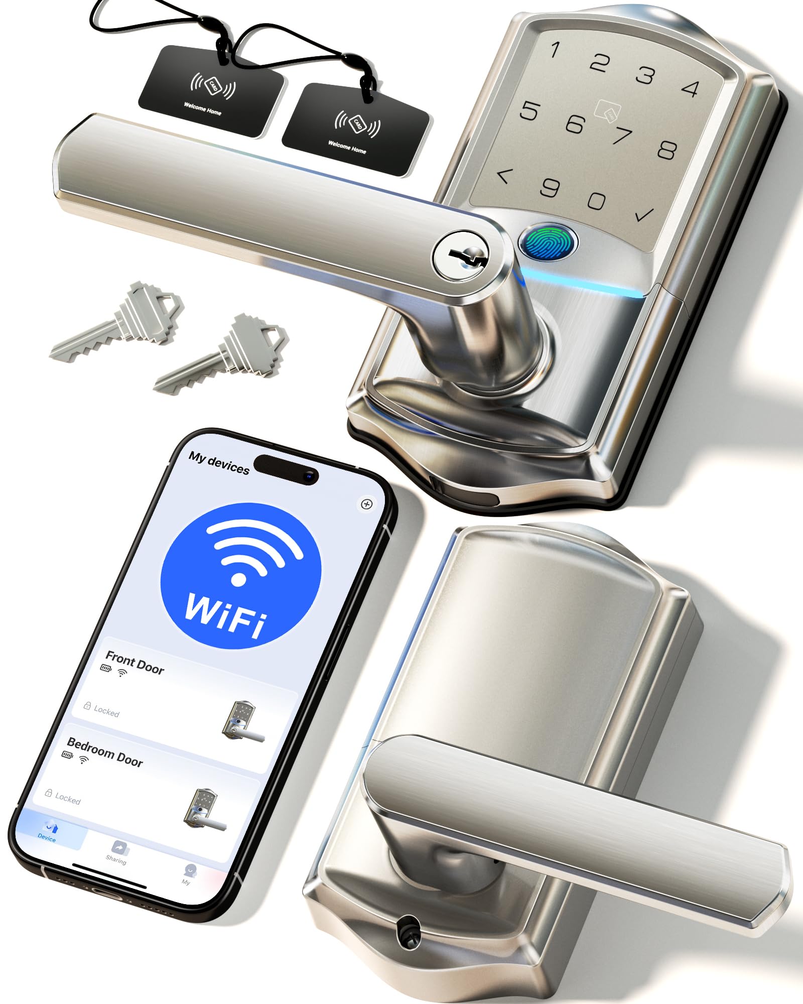 Photo 1 of Veise VE029 WiFi Smart Lever Lock, Fingerprint Keyless Entry Door Lock with Handle, Built-in WiFi, Remote App Control, Electronic Digital Knob for Front Door and Bedroom, IP65 Waterproof, Satin Nickel
