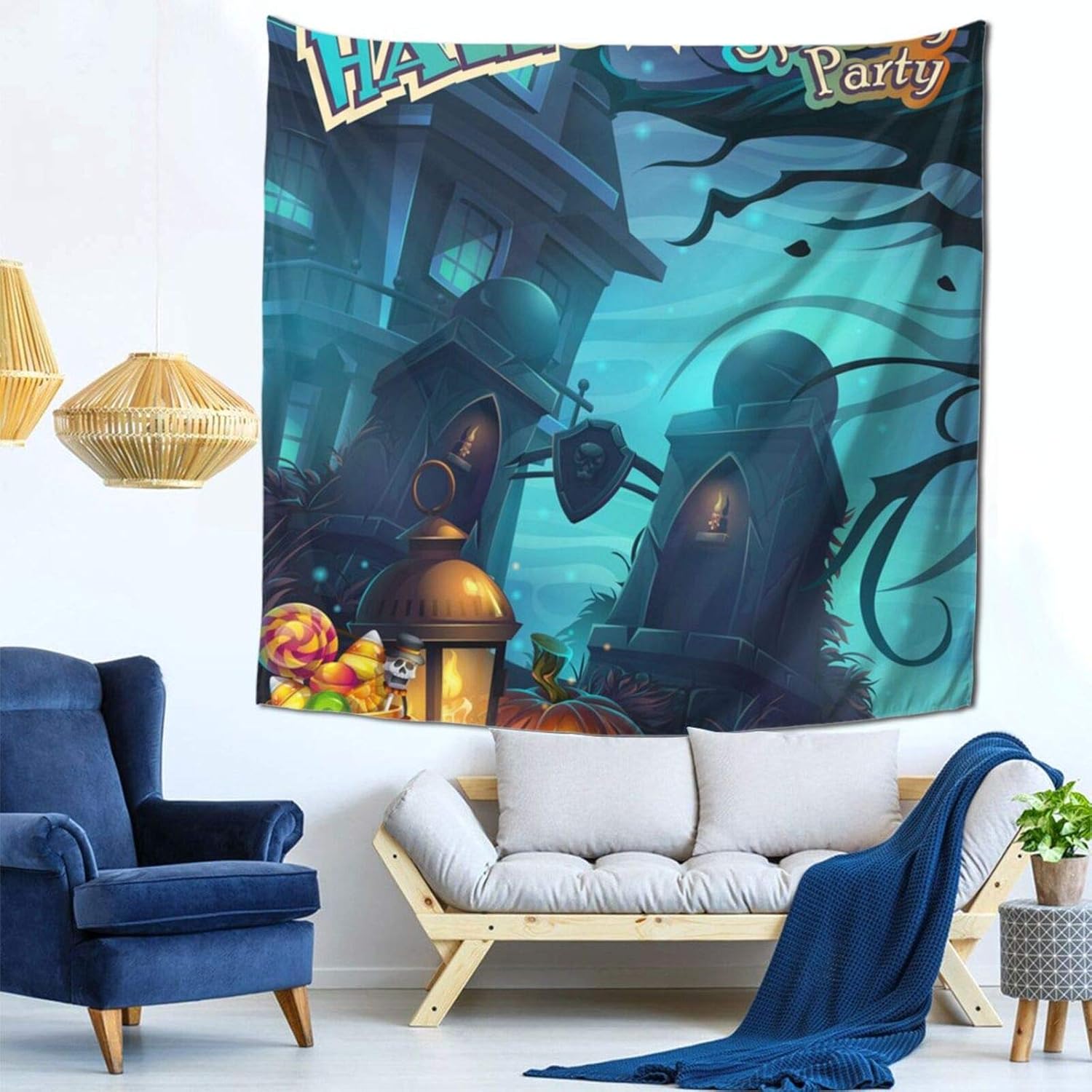 Amazon Co Jp ハロウィン不気味なパーティー タペストリー 多機能壁掛け おしゃれ 室内装飾 モダンなアート 壁掛け壁画 インテリアの装飾 部屋 居間 玄関 浴室 お店 飾り 150x150cm ホーム キッチン