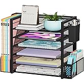 Simple Trending 6 Tier Desk File Organizer, Paper Letter Tray Organizer with File Holder and Pen Container, Black