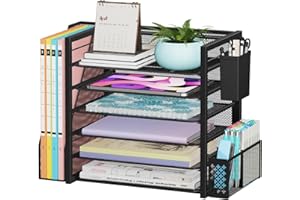 Simple Trending 6 Tier Desk File Organizer, Paper Letter Tray Organizer with File Holder and Pen Container, Black