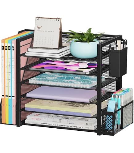LEKETREE Desk Organizer With Vertical File Holder & Drawer - Black, 3-Tier, Office & Home Workspace - View #3