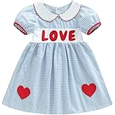 Toddler Little Baby Girl Valentines Day Dress Love Print Smocked Dress Short Sleeve Doll Collar Plaid Dresses