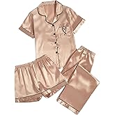 winkbay Women's 3 Piece Satin Pajama Set Summer Button Down Short Sleeve Shirt and Shorts with Pants Sleepwear