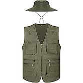 Janmercy 2 Pieces Men's Work Fishing Vest with Hat Lightweight Safari Travel Hunting Waistcoat With Multi Pockets Fishing Hat