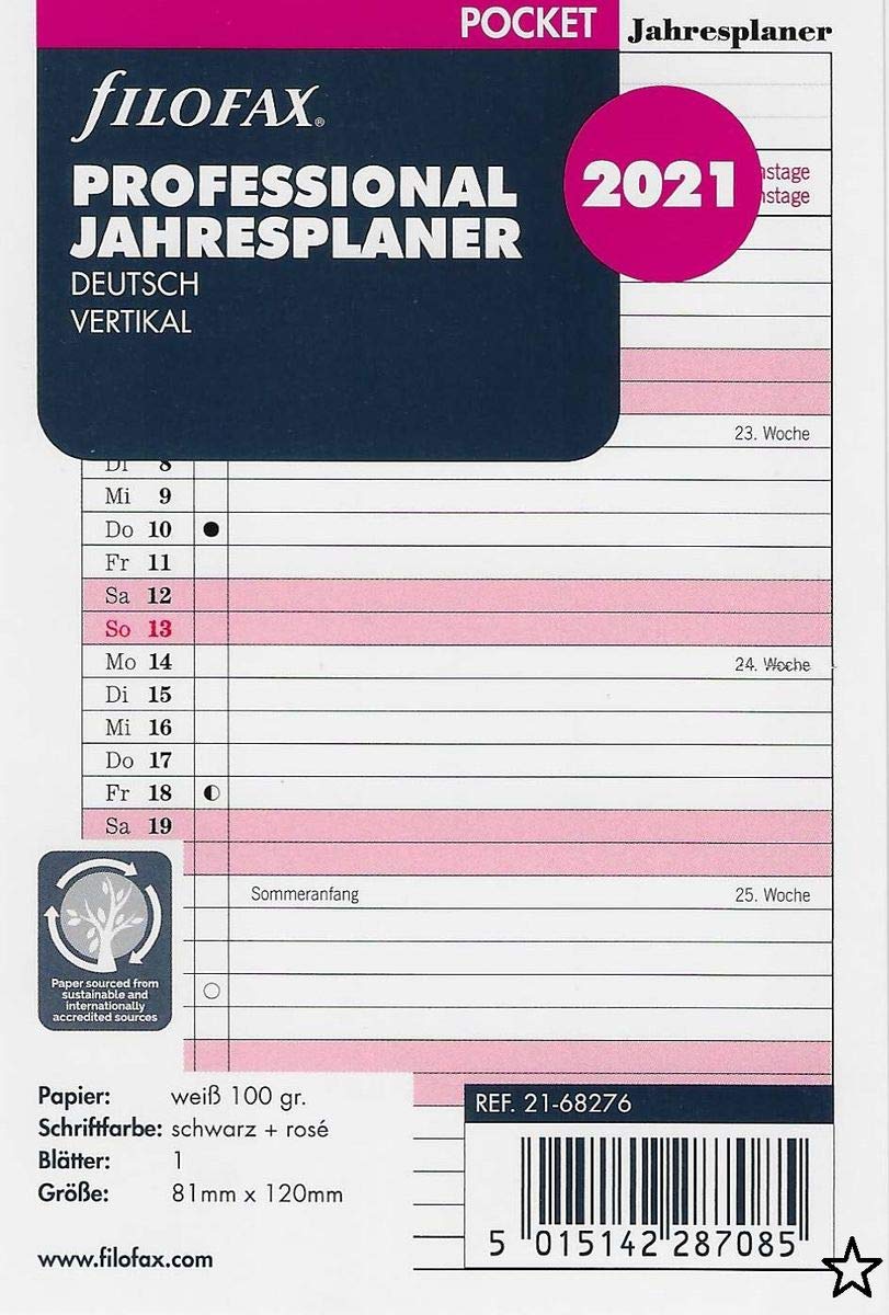 Filofax Pocket Professional Calendar Insert 2021, 000021-68276