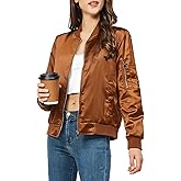 Rasujie Satin Bomber Jacket Women Zip Up Varsity Jacket Fall Windbreaker Outerwear with Pockets