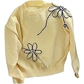 OYOANGLE Women's 3D Floral Crewneck Sweater Long Sleeve Drop Shoulder Pullover Cute Sweaters Knitwear