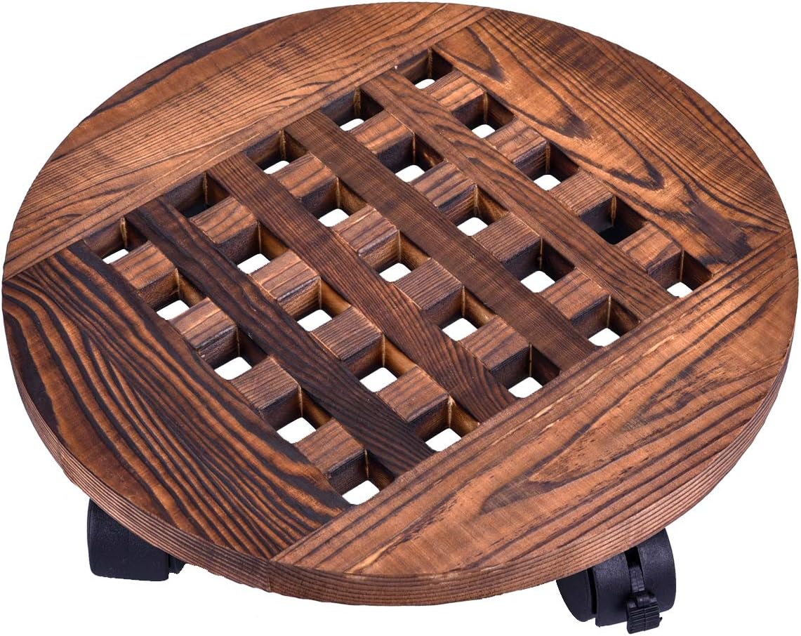 12" Inch Rolling Wooden Planter Caddy Potted Plant Stand with Wheels Round Flower Pot Rack Indoor Outdoor Planter Trolley with 360° Rotating Casters Rolling Tray Coaster Garden Pot Dolly